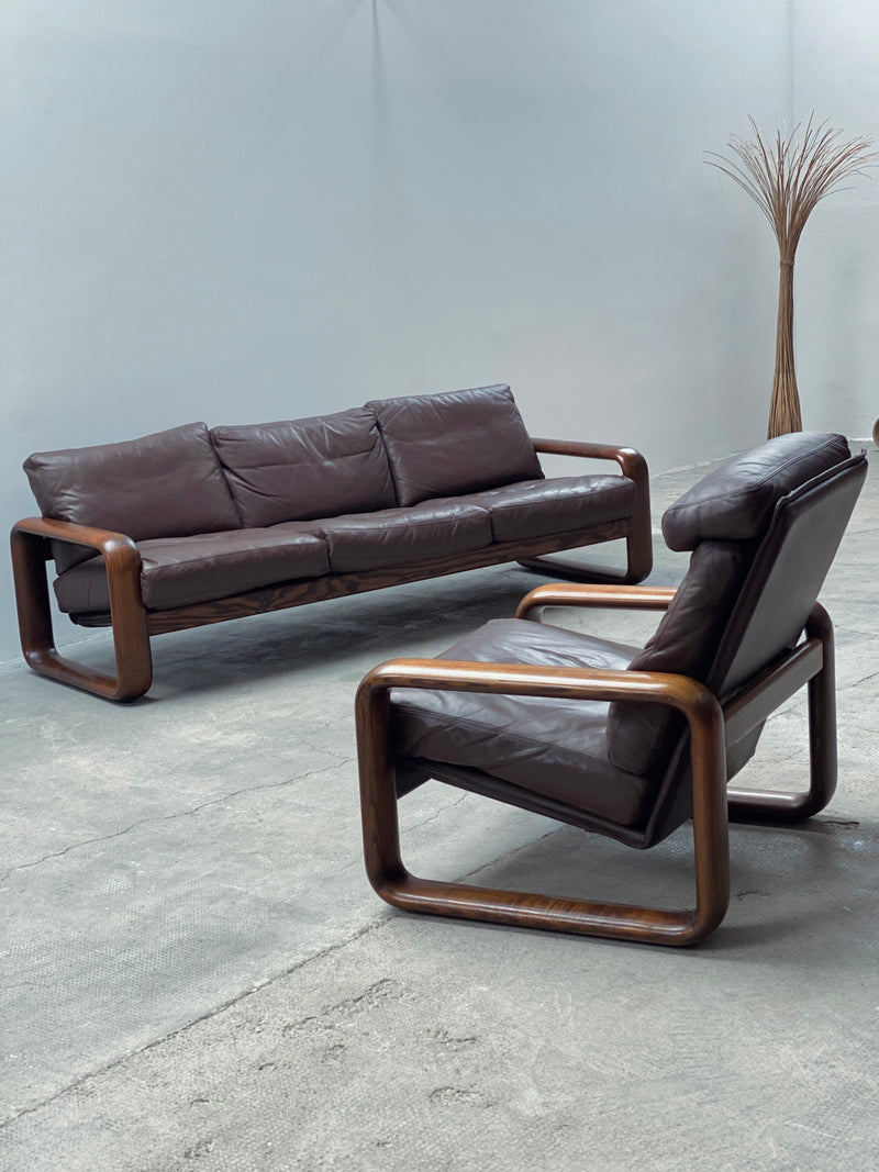 BURKHARD VOGTHERR FOR ROSENTHAL STUDIOLINE „HOMBRE“ ARMCHAIR & 3-SEATER SOFA ASH WOOD LEATHER, GERMANY 1970s