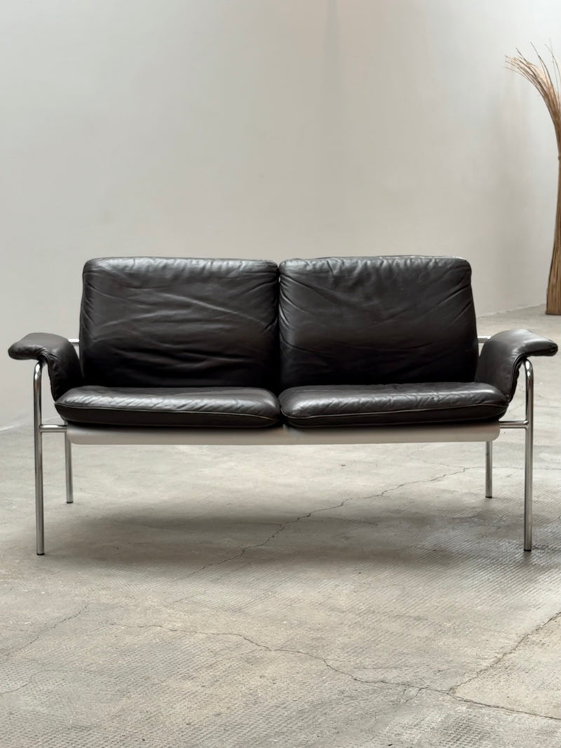 RARE TUBULAR STEEL, ALUMINIUM & BROWN LEATHER 2-SEATER SOFA, GERMANY 1960s