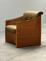 SET OF 2 RATTAN ARMCHAIRS WITH GREEN LEATHER CUSHIONS, FRANCE 1960s