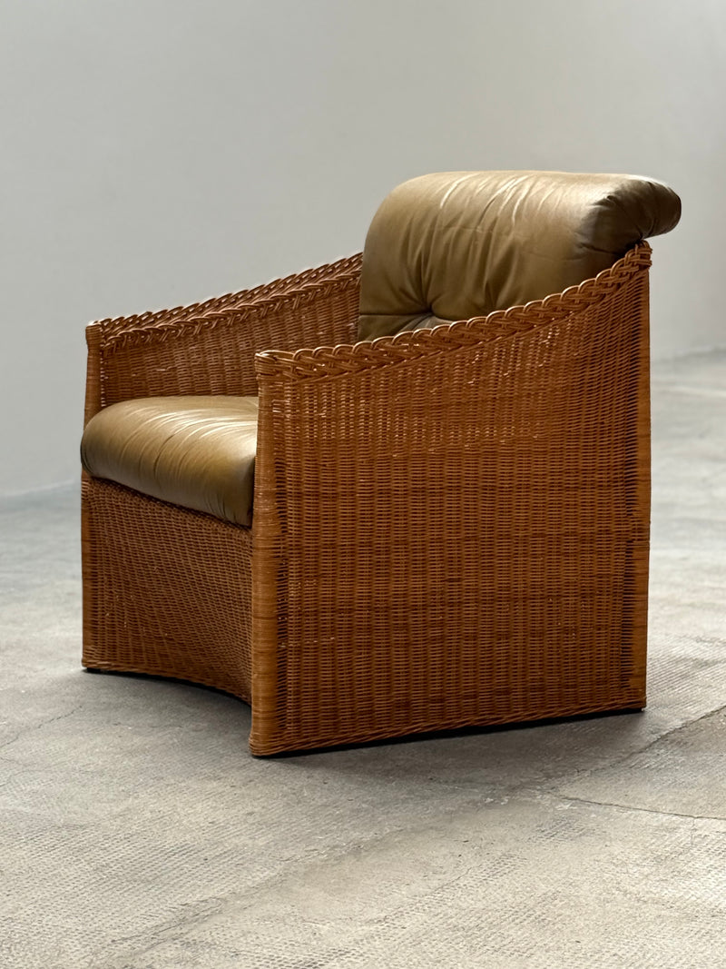 SET OF 2 RATTAN ARMCHAIRS WITH GREEN LEATHER CUSHIONS, FRANCE 1960s