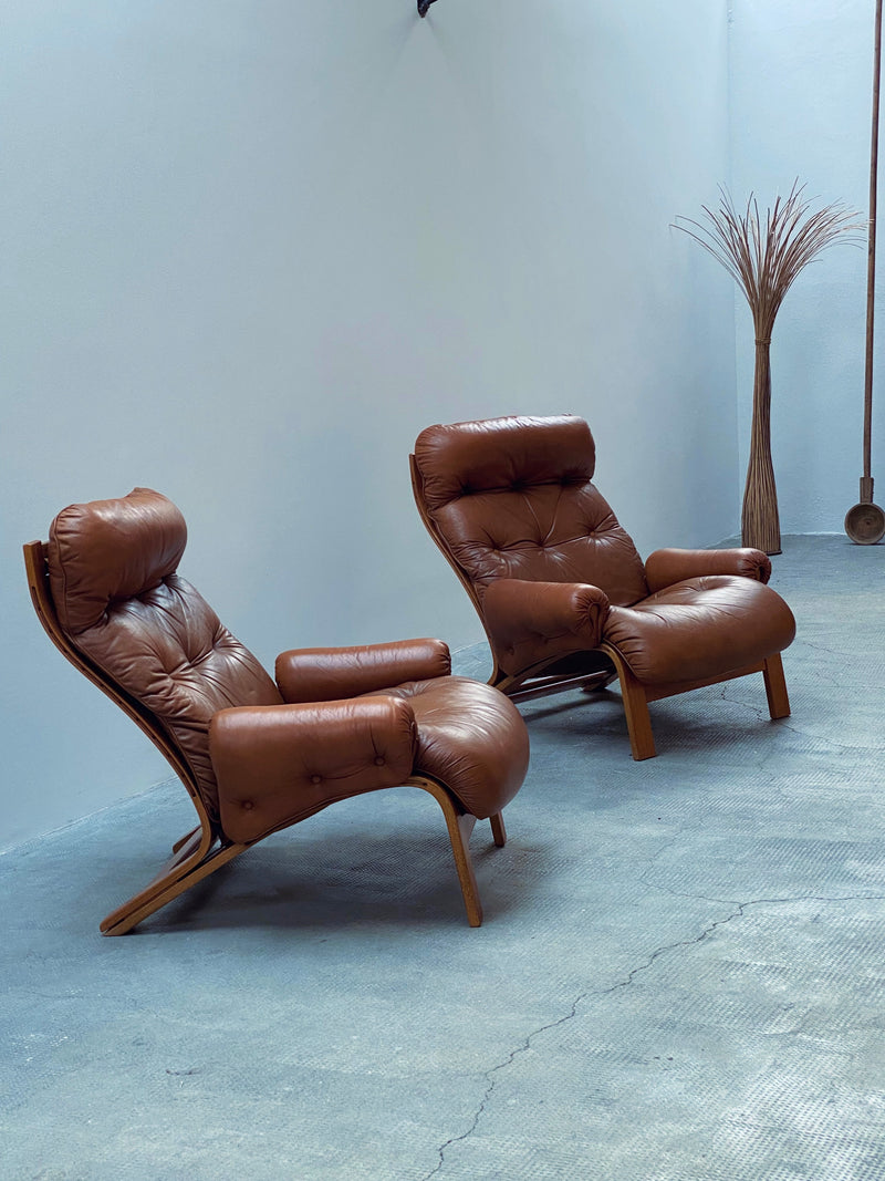 Elsa & Nordahl Solheim für Rykken & Co. Modular Sessel Sofa Sitzgruppe Teakholz Cognac Leder, Norwegen 1970er Jahre