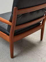 WILHELM KNOLL TEAK WOOD LEATHER BLACK ARMCHAIRS & 2-SEATER SOFA, GERMANY 1960s