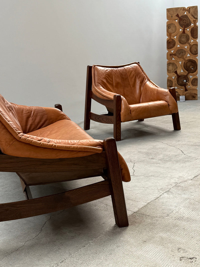 BRAZILIAN DESIGN ARMCHAIR & SOFA  OAK WOOD CAMEL LEATHER, 1970s