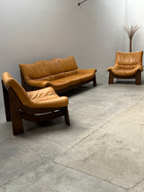 MAISON REGAIN LEATHER OAK ARMCHAIRS & SOFA, FRANCE 1970s