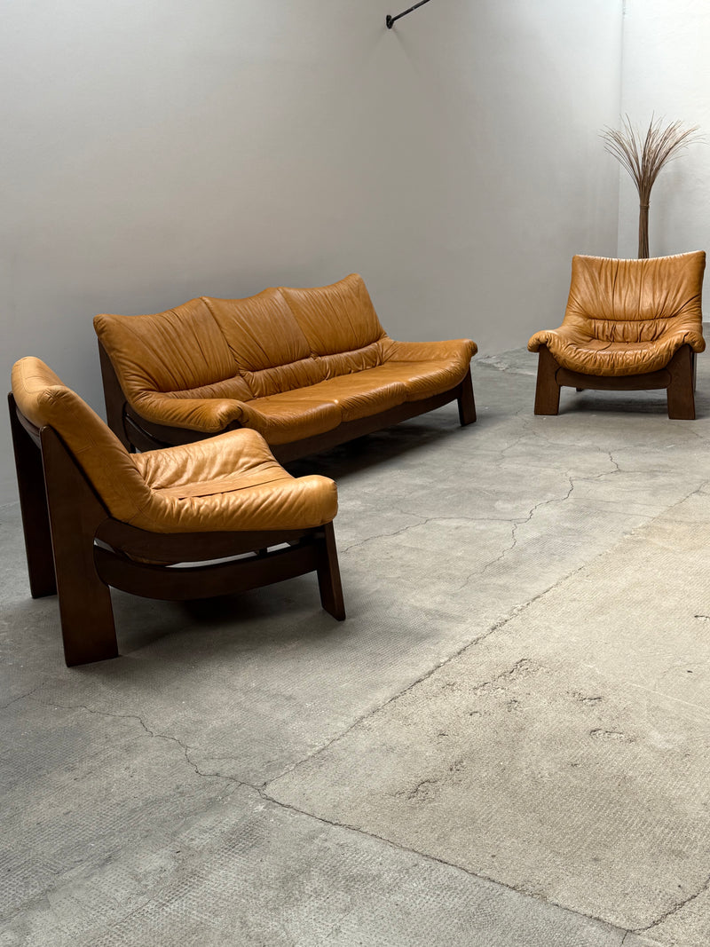 MAISON REGAIN LEATHER OAK ARMCHAIRS & SOFA, FRANCE 1970s