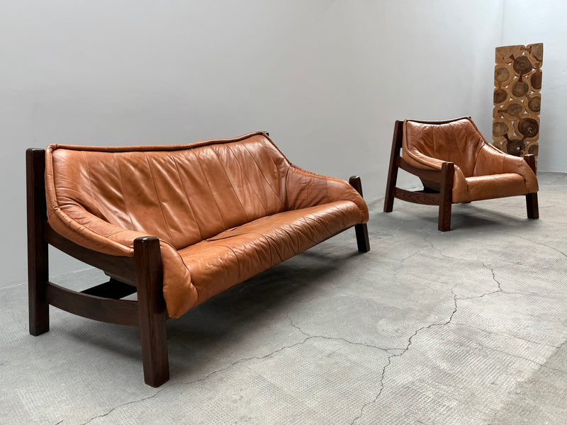 BRAZILIAN DESIGN ARMCHAIR & SOFA  OAK WOOD CAMEL LEATHER, 1970s