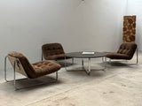 BROWN SUEDE & CANVAS LOUNGE CHAIRS IN CHROMED STEEL FRAME & COFFEE TABLE, 1960s