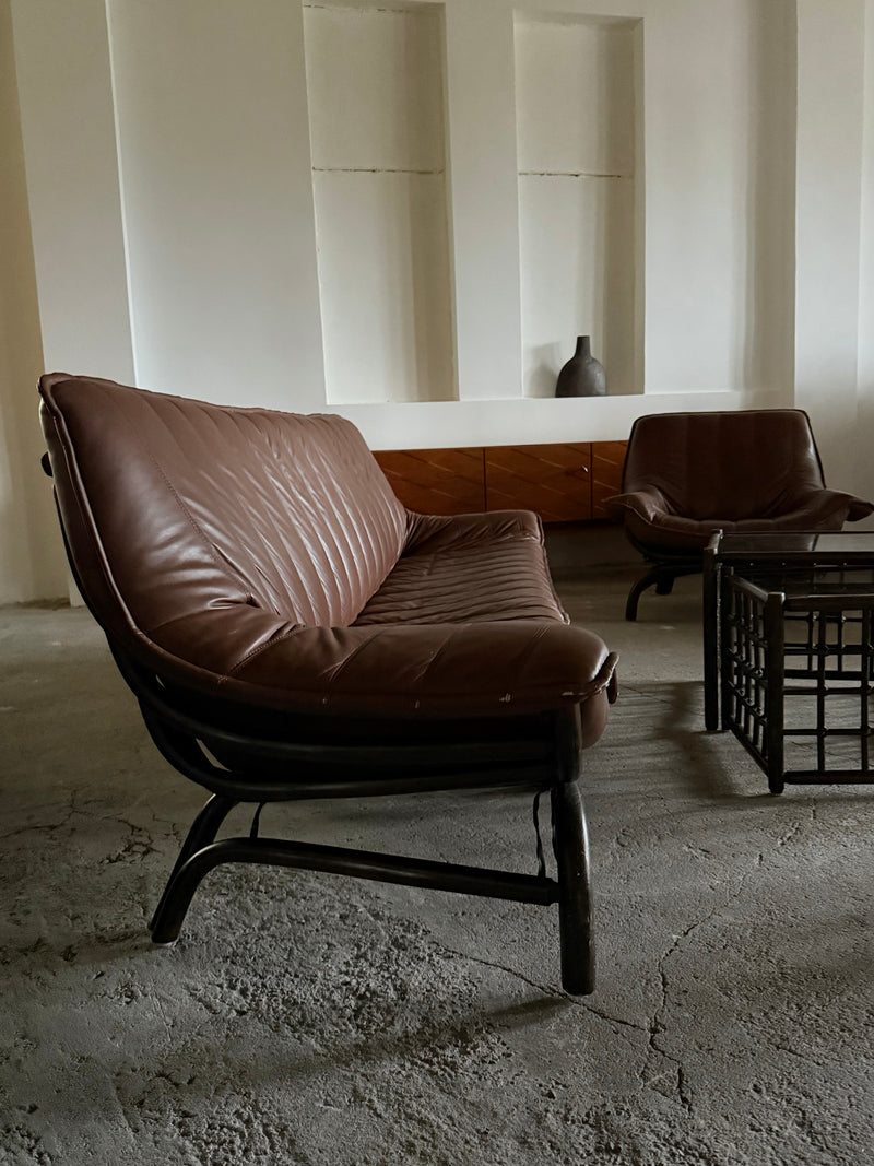 LARGE BAMBOO SOFA BROWN LEATHER 250cm, ITALY 1970s