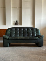 KNOLL SITZMÖBEL BRUTALIST ARMCHAIR & SOFA SET IN THICK GREEN LEATHER, GERMANY 1970s