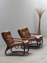IKEA „BADEN“ BAMBOO LEATHER SEATING ENSEMBLE 2 ARMCHAIRS & SOFA, SWEDEN 1970s