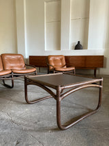 IKEA „BADEN“ BAMBOO COGNAC LEATHER SEATING GROUP 2 ARMCHAIRS, SOFA & COFFEE TABLE, SWEDEN 1970s