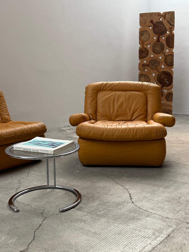 DREIPUNKT MODULAR SECTIONAL SOFA ARMCHAIRS LEATHER YELLOW, GERMANY 1970s