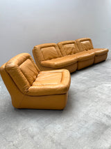 DREIPUNKT MODULAR SECTIONAL SOFA ARMCHAIRS LEATHER YELLOW, GERMANY 1970s