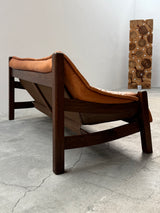 BRAZILIAN DESIGN ARMCHAIR & SOFA  OAK WOOD CAMEL LEATHER, 1970s