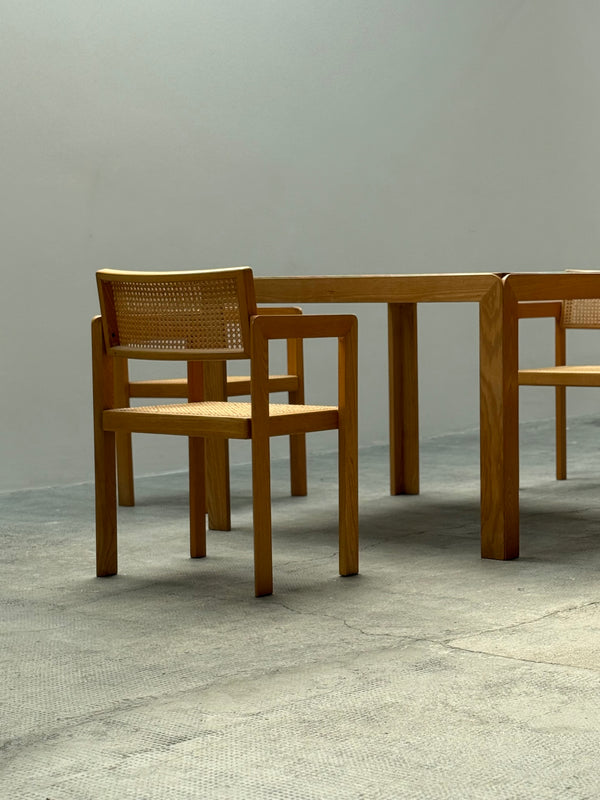 DERK JAN DE VRIES FOR MAISA DE SEVESO DINING TABLE & 4 CHAIRS SET ASH WOOD RATTAN, ITALY 1970S