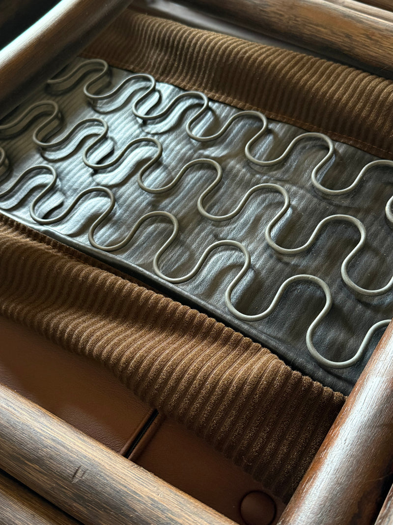 SET OF 2 BAMBOO BROWN LEATHER ARMCHAIRS & COFFEE TABLES, ITALY 1970s