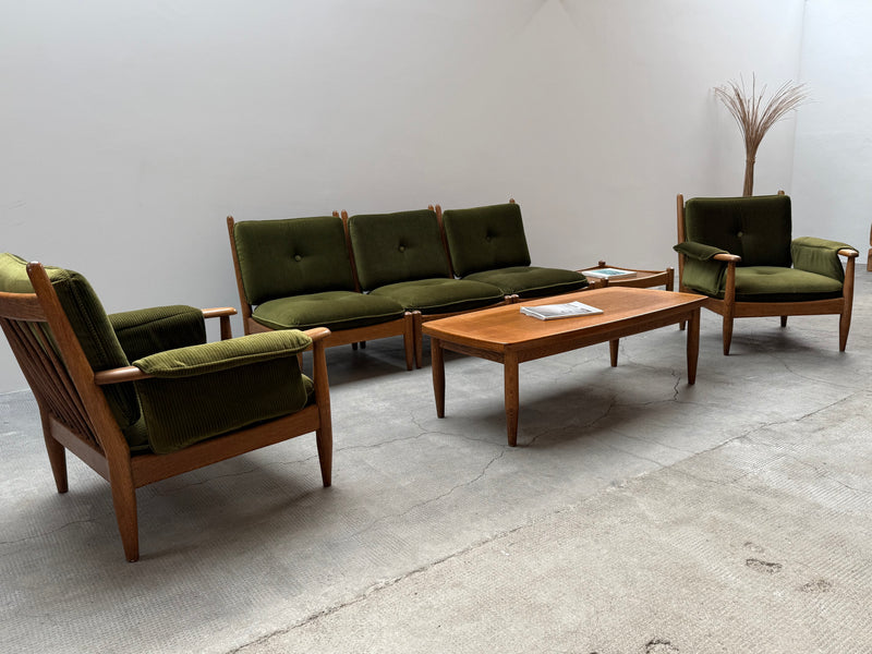 WILHELM KNOLL MODULAR ARMCHAIR COFFEE TABLE SET OAK GREEN VELVET CORDUROY, GERMANY 1960S