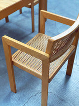 DERK JAN DE VRIES FOR MAISA DE SEVESO DINING TABLE & 4 CHAIRS SET ASH WOOD RATTAN, ITALY 1970S