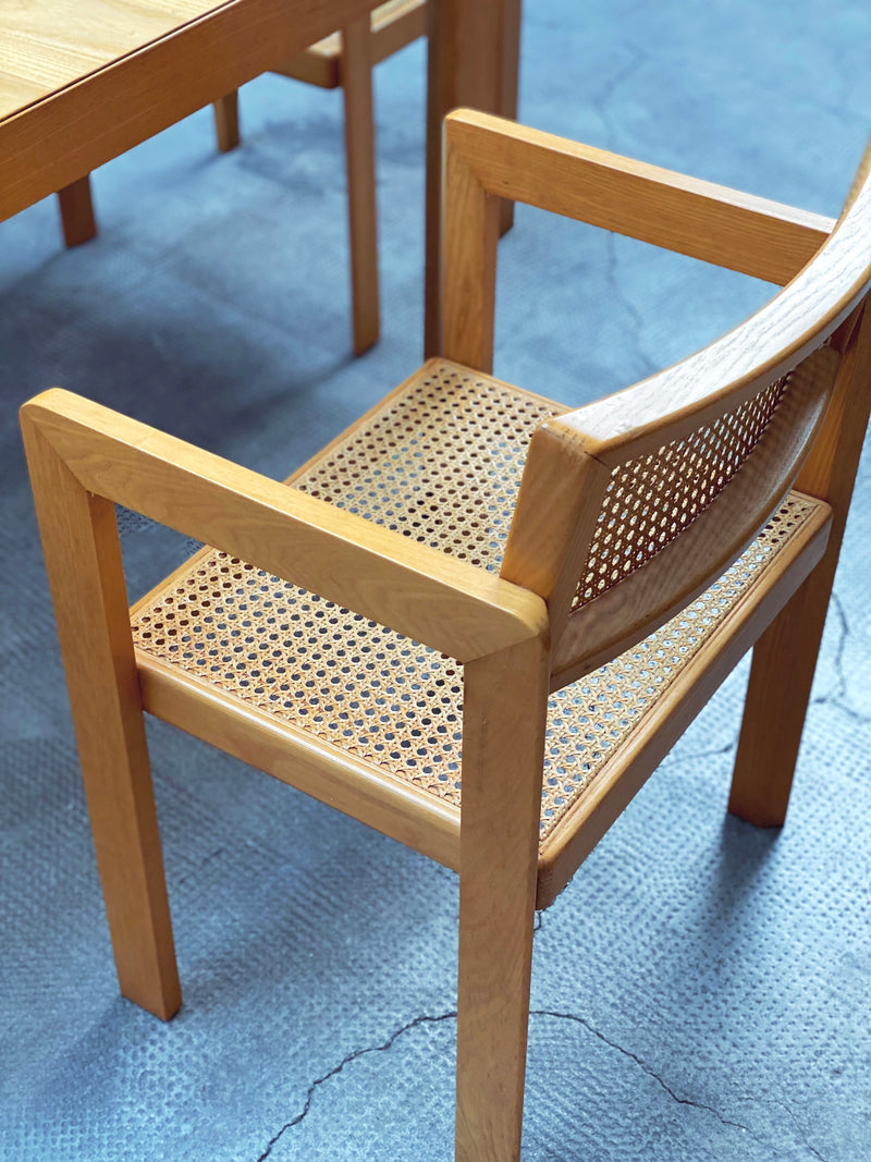 DERK JAN DE VRIES FOR MAISA DE SEVESO DINING TABLE & 4 CHAIRS SET ASH WOOD RATTAN, ITALY 1970S