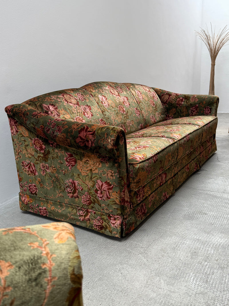 Sitzgruppe 2 Sessel & Sofa Samt grün Blumen Muster, Italien 1960er Jahre