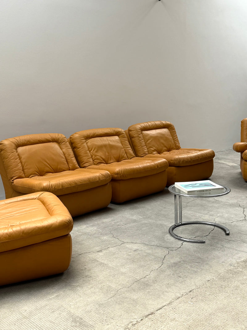 DREIPUNKT MODULAR SECTIONAL SOFA ARMCHAIRS LEATHER YELLOW, GERMANY 1970s