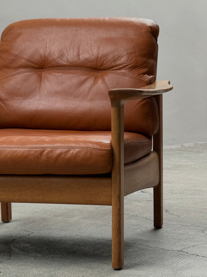 WILHELM KNOLL OAK WOOD COGNAC LEATHER ARMCHAIRS, GERMANY 1970s
