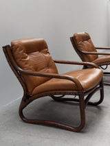 IKEA „BADEN“ BAMBOO LEATHER SEATING ENSEMBLE 2 ARMCHAIRS & SOFA, SWEDEN 1970s