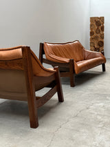 BRAZILIAN DESIGN ARMCHAIR & SOFA  OAK WOOD CAMEL LEATHER, 1970s