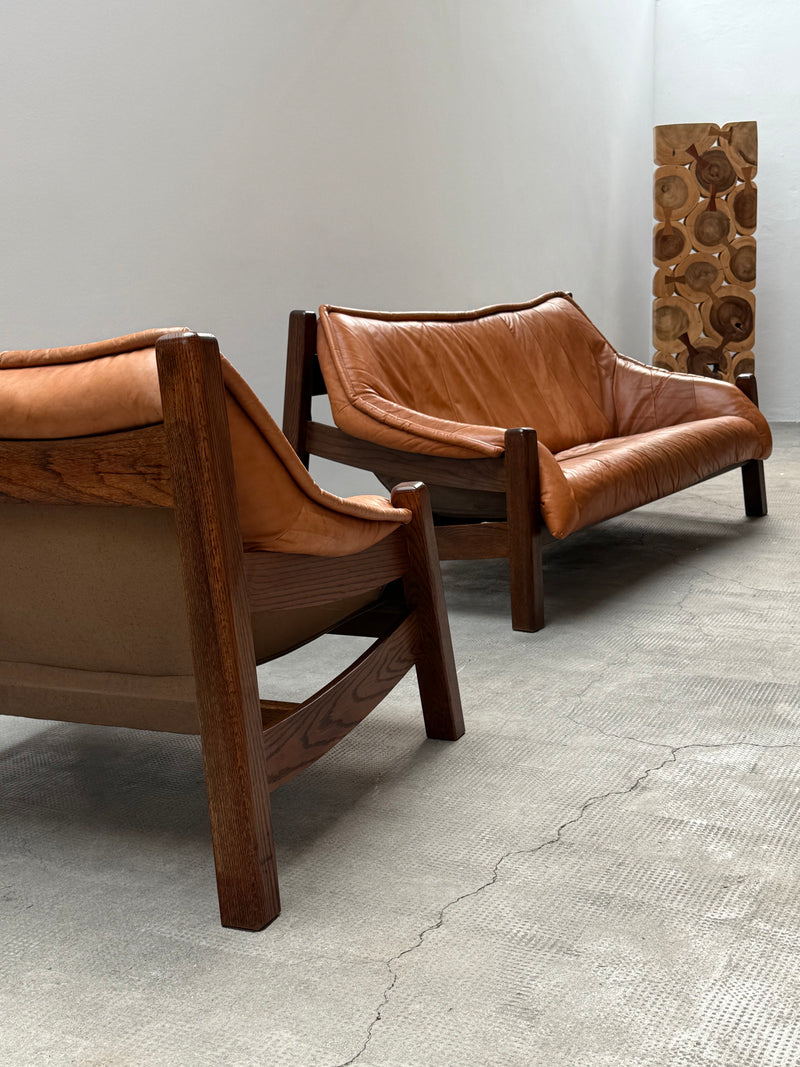 BRAZILIAN DESIGN ARMCHAIR & SOFA  OAK WOOD CAMEL LEATHER, 1970s