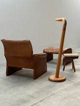 COGNAC LEATHER SEATING GROUP ARMCHAIR SOFA OTTOMAN IM THE STYLE OF DE SEDE, 1980s