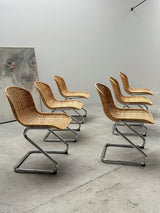 SET OF 6 GASTONE RINALDI RATTAN CANE CANTILEVER DINING CHAIRS WITH CHROMED TUBULAR STEEL FRAME, ITALY 1960s