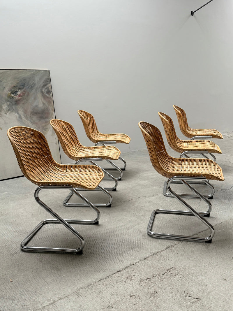 SET OF 6 GASTONE RINALDI RATTAN CANE CANTILEVER DINING CHAIRS WITH CHROMED TUBULAR STEEL FRAME, ITALY 1960s