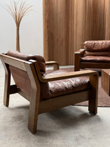 ROLF BENZ ARMCHAIR & SOFA SET OAK BROWN SADDLE LEATHER, GERMANY 1970s