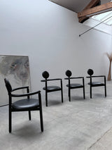 4 VICO MAGISTRETTI „PAN“ CHAIRS FOR ROSENTHAL ASH WOOD & BLACK LEATHER, 1980s