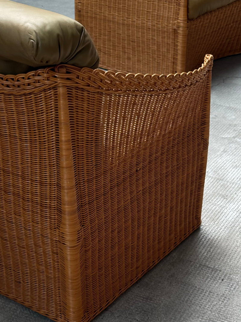 SET OF 2 RATTAN ARMCHAIRS WITH GREEN LEATHER CUSHIONS, FRANCE 1960s