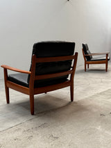 WILHELM KNOLL TEAK WOOD LEATHER BLACK ARMCHAIRS & 2-SEATER SOFA, GERMANY 1960s