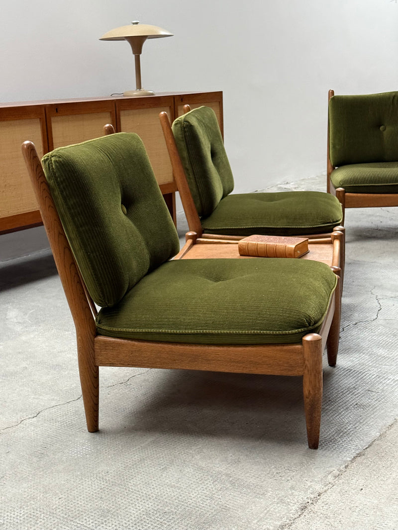 WILHELM KNOLL MODULAR ARMCHAIR COFFEE TABLE SET OAK GREEN VELVET CORDUROY, GERMANY 1960S