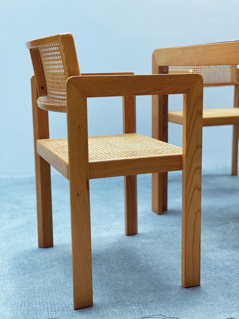 DERK JAN DE VRIES FOR MAISA DE SEVESO DINING TABLE & 4 CHAIRS SET ASH WOOD RATTAN, ITALY 1970S