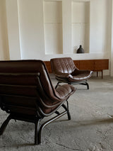 SET OF 2 BAMBOO BROWN LEATHER ARMCHAIRS & COFFEE TABLES, ITALY 1970s