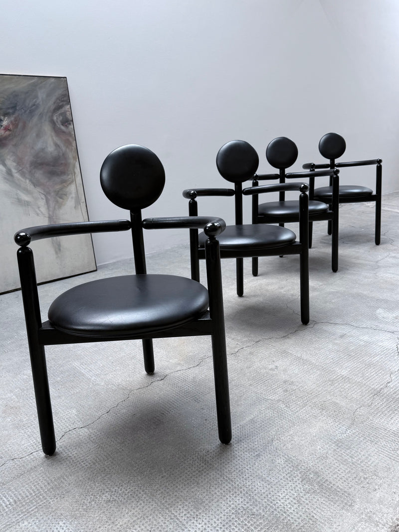 4 VICO MAGISTRETTI „PAN“ CHAIRS FOR ROSENTHAL ASH WOOD & BLACK LEATHER, 1980s