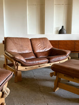 MAISON REGAIN ARMCHAIR, 2-SEATER & OTTOMAN SET LEATHER OAK WOOD, FRANCE 1960s