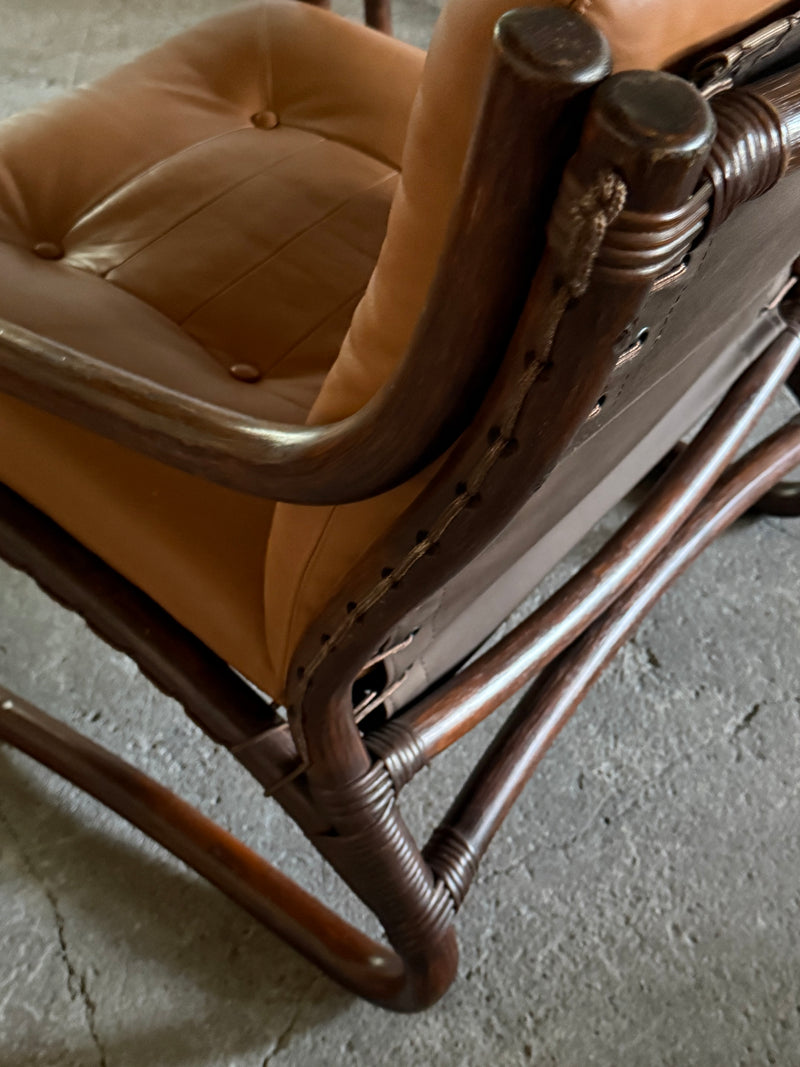 IKEA „BADEN“ BAMBOO COGNAC LEATHER SEATING GROUP 2 ARMCHAIRS, SOFA & COFFEE TABLE, SWEDEN 1970s
