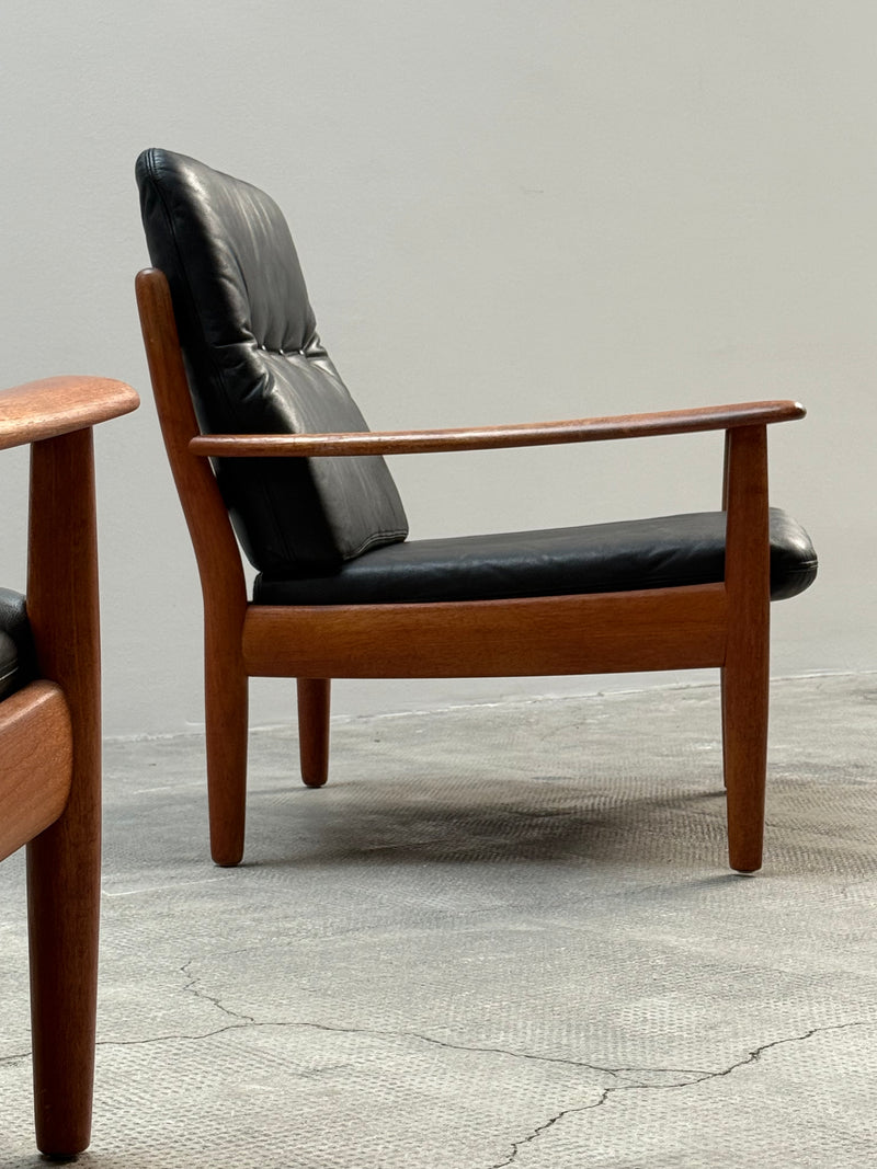 WILHELM KNOLL TEAK WOOD LEATHER BLACK ARMCHAIRS & 2-SEATER SOFA, GERMANY 1960s