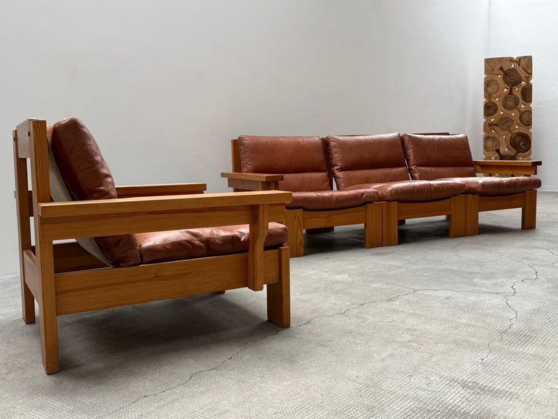 MODULAR ARMCHAIR SOFA SET SOLID PINE COGNAC LEATHER, SCANDINAVIA 1970s