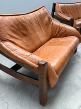 BRAZILIAN DESIGN ARMCHAIR & SOFA  OAK WOOD CAMEL LEATHER, 1970s