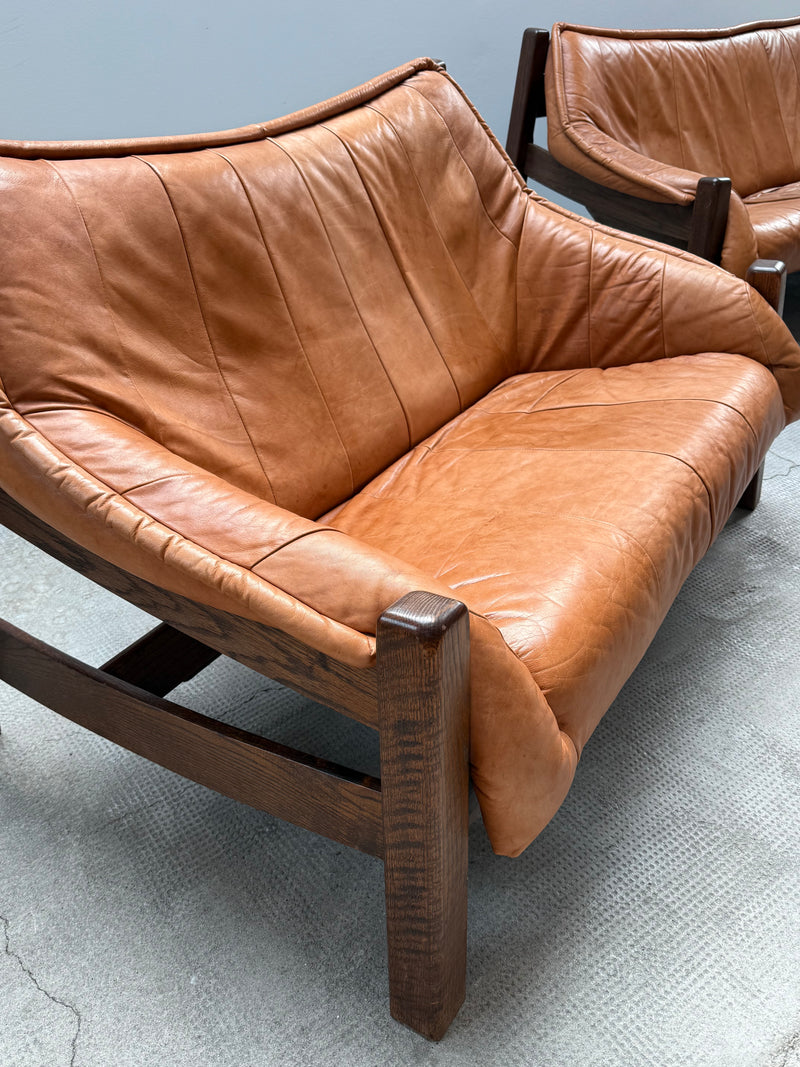 BRAZILIAN DESIGN ARMCHAIR & SOFA  OAK WOOD CAMEL LEATHER, 1970s