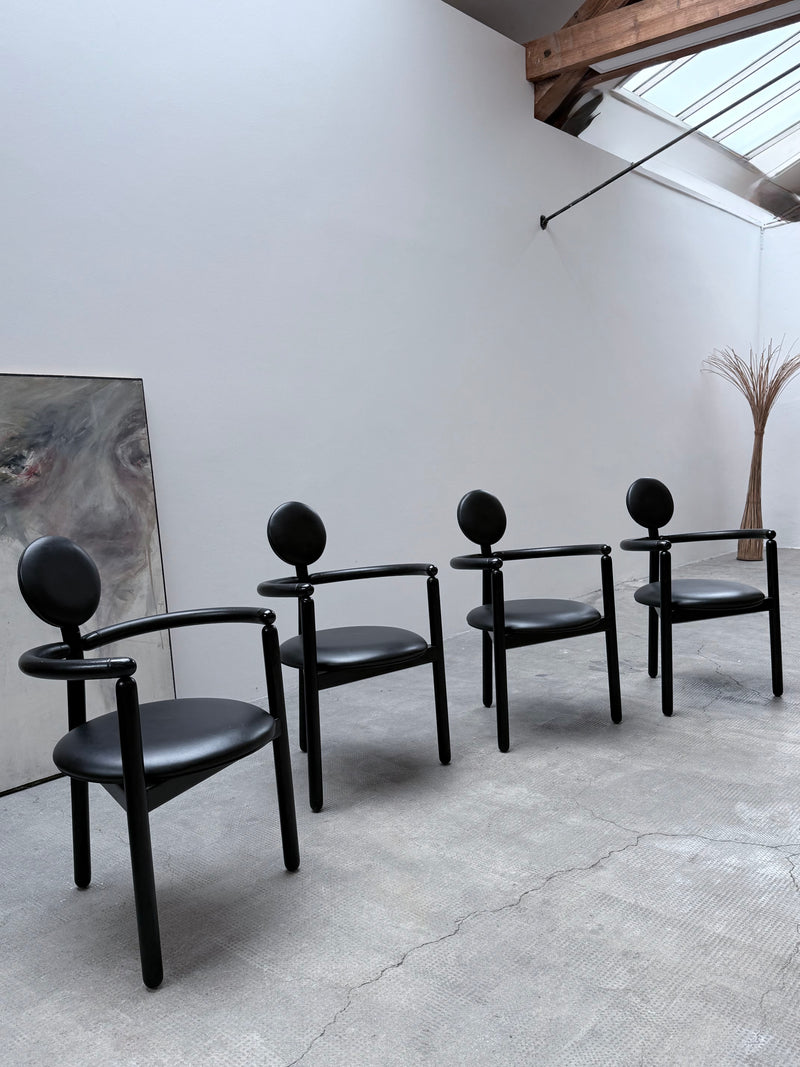 4 VICO MAGISTRETTI „PAN“ CHAIRS FOR ROSENTHAL ASH WOOD & BLACK LEATHER, 1980s