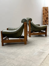 SET OF 2 GRAFTON EVEREST ARMCHAIRS OAK & GREEN LEATHER, SOUTH AFRICA 1970s