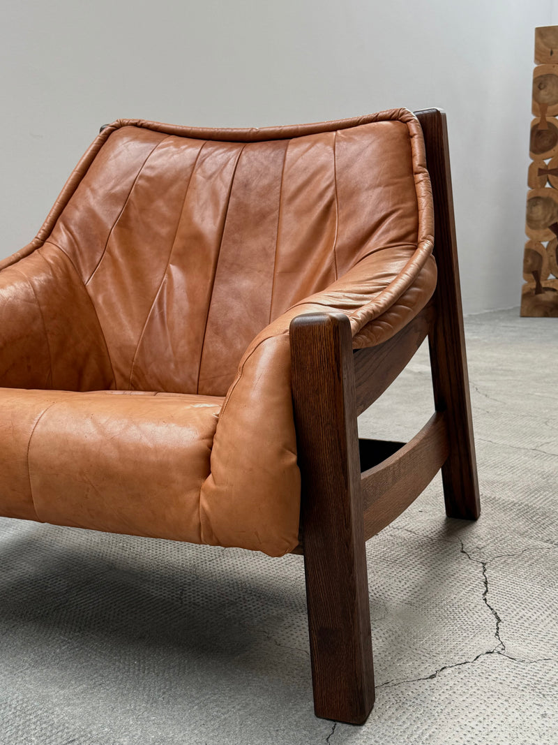 BRAZILIAN DESIGN ARMCHAIR & SOFA  OAK WOOD CAMEL LEATHER, 1970s
