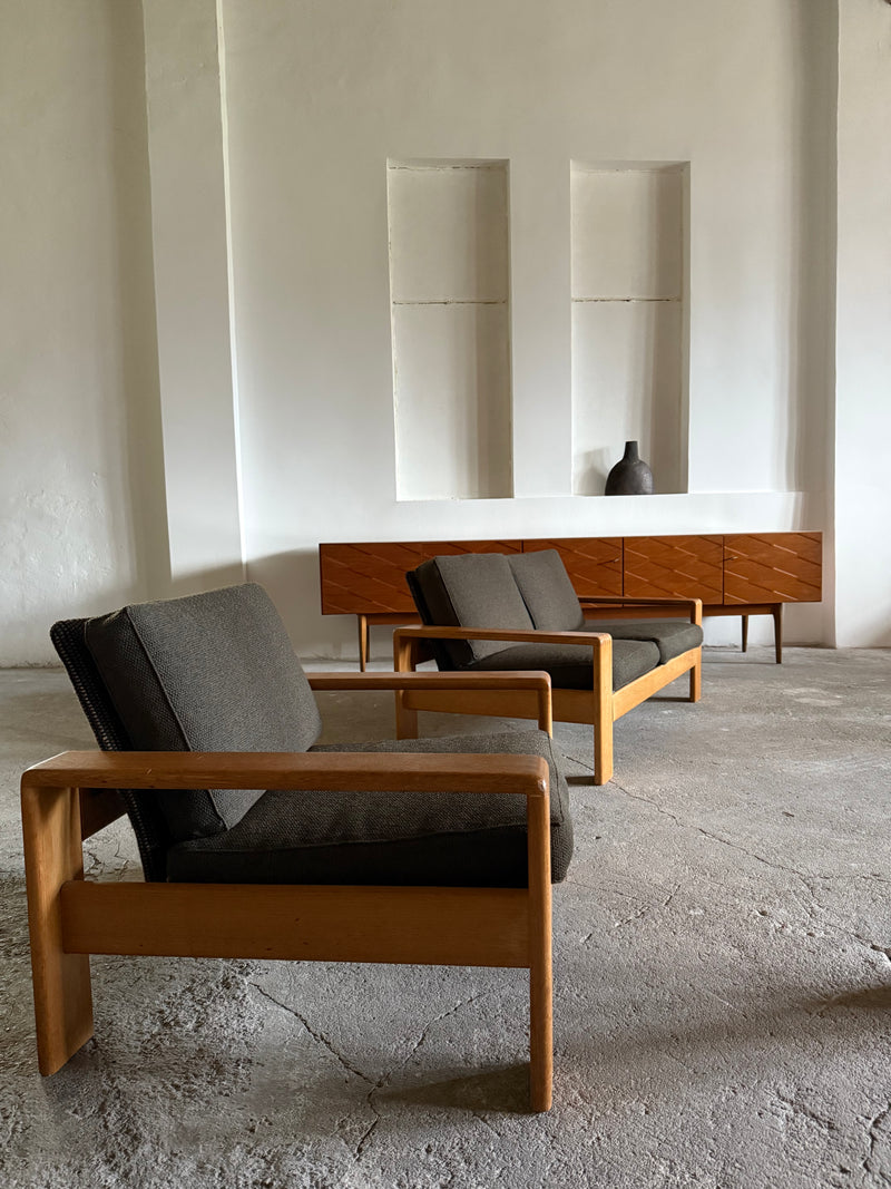 CARL STRAUB ARMCHAIR & 2-SEATER SOFA SET ASH WOOD, GERMANY 1960s